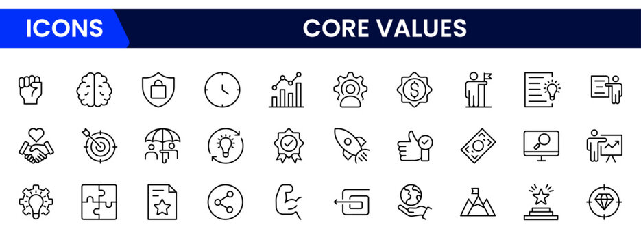 Core Values Line Icons Stock Illustration" refers to a colle Stock Illustration" refers to a collection of minimalist, line-drawn icons representing essential organizational or personal principles.