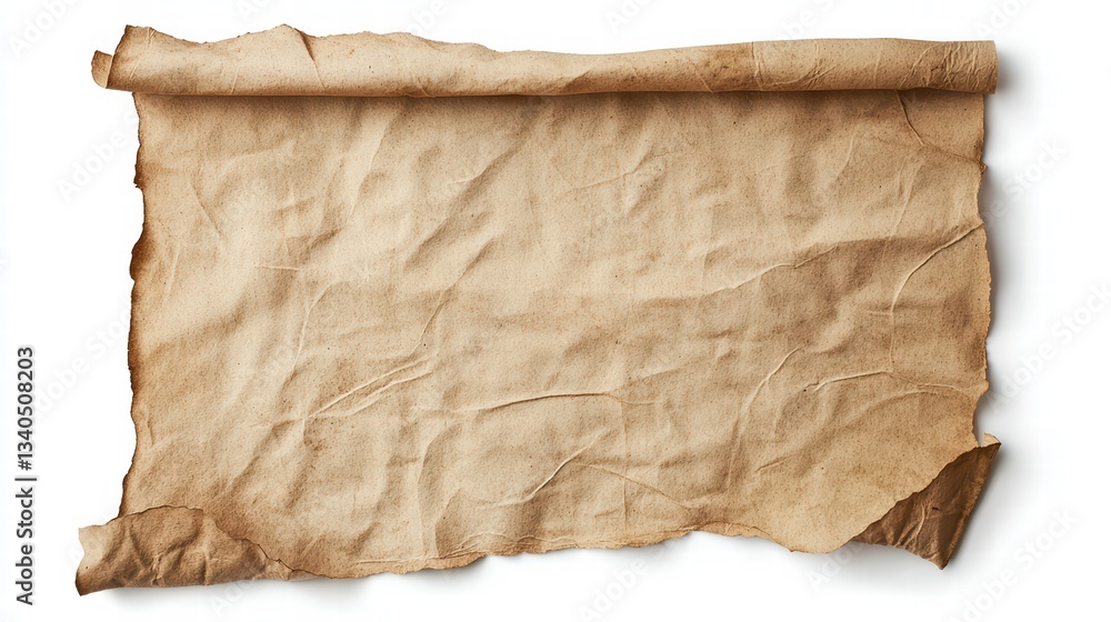Poster ancient scroll unveiled: a meticulously detailed overhead shot captures a weathered parchment scroll