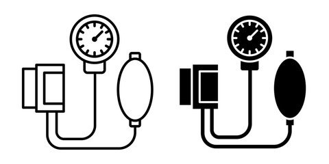 Blood pressure black line icon set on white background. Blood pressure logo, label, badge, symbol, banner, circle, black, thin, vector, isolated illustration.