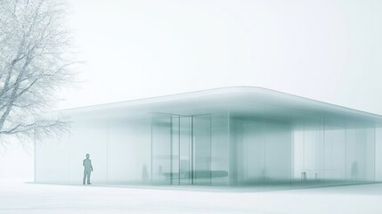 Modern glass house exterior, winter scene, tranquil