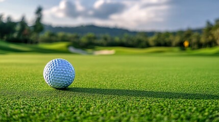 Obraz premium White golf ball positioned on manicured green grass ready for a tee shot with scenic blurred golf course landscape in bright daylight, symbolizing outdoor sports, precision, and leisure activity