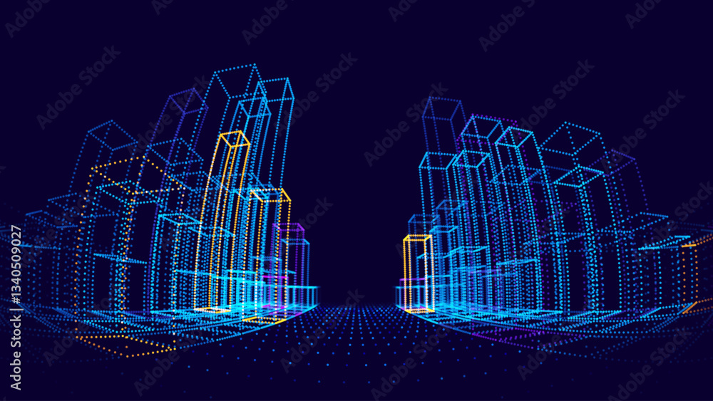 Aufkleber invest in future smart digital city concept. urban architecture high towers concept of the future ci