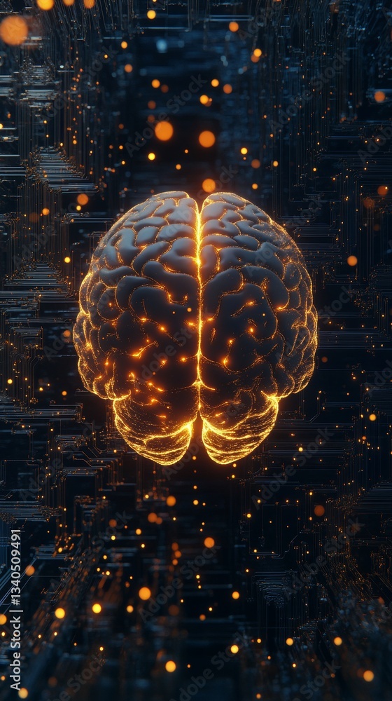 Poster futuristic glowing brain with circuit board background, artificial intelligence theme
