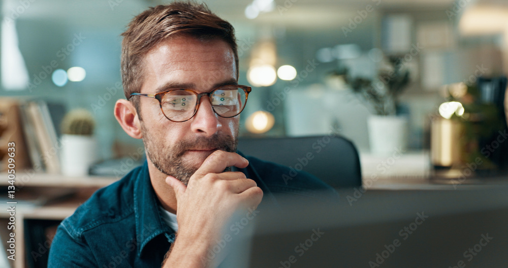 Poster Computer, thinking and business man reading for problem solving, creative or software development. Planning, reflection and serious worker with inspiration, idea and web designer in startup office