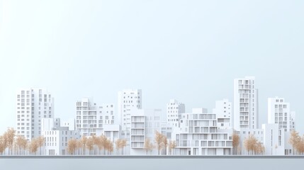 Urban skyline featuring white architectural models and golden trees