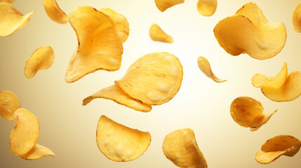 Naklejka premium falling crispy potato chips on a beige background, without people, snack