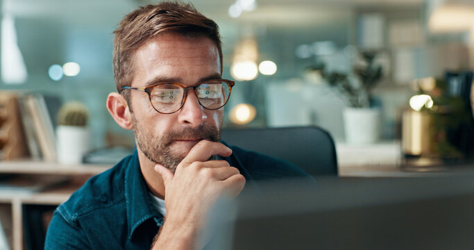 Computer, thinking and business man reading for problem solving, creative or software development. Planning, reflection and serious worker with inspiration, idea and web designer in startup office