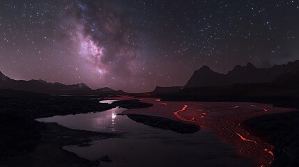 Alien landscape, night, volcanic river, starry sky, space scene, astronomy