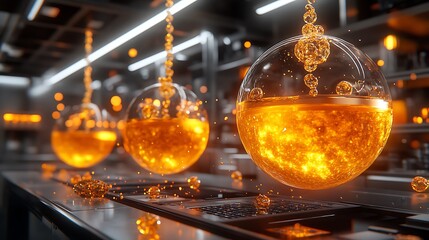 Floating spheres of orange liquid in a futuristic laboratory.  Possible use Science, technology, innovation