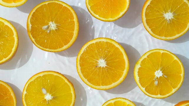 Close up video of mandarin slices surrounded by water ripples. White background with half oranges placed on water waves.