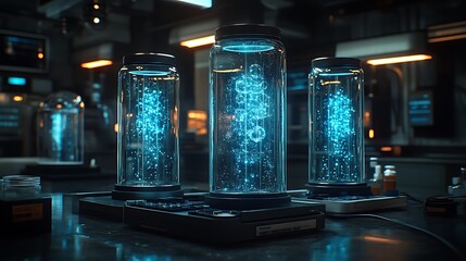 Futuristic lab scene, glowing biological samples
