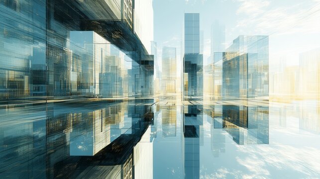 Conceptual city landscape features reflective blue glass architecture structures