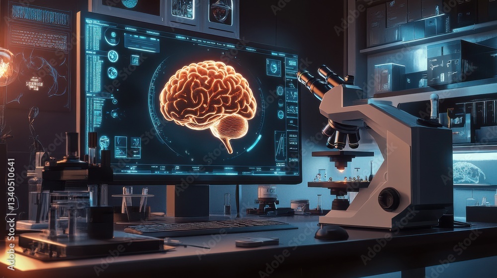 Poster a futuristic laboratory with a microscope and a computer screen displaying a digital brain with glow