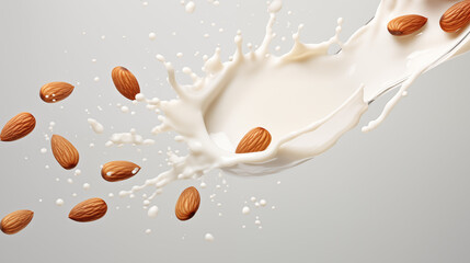 Almond milk with almonds in flight, dietary drink for health, healthy food, vegetarian, no people, banner, advertisement, ai