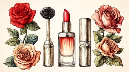 Roses, Lipstick, Makeup Brushes, Vintage Illustration, Decorative Beauty