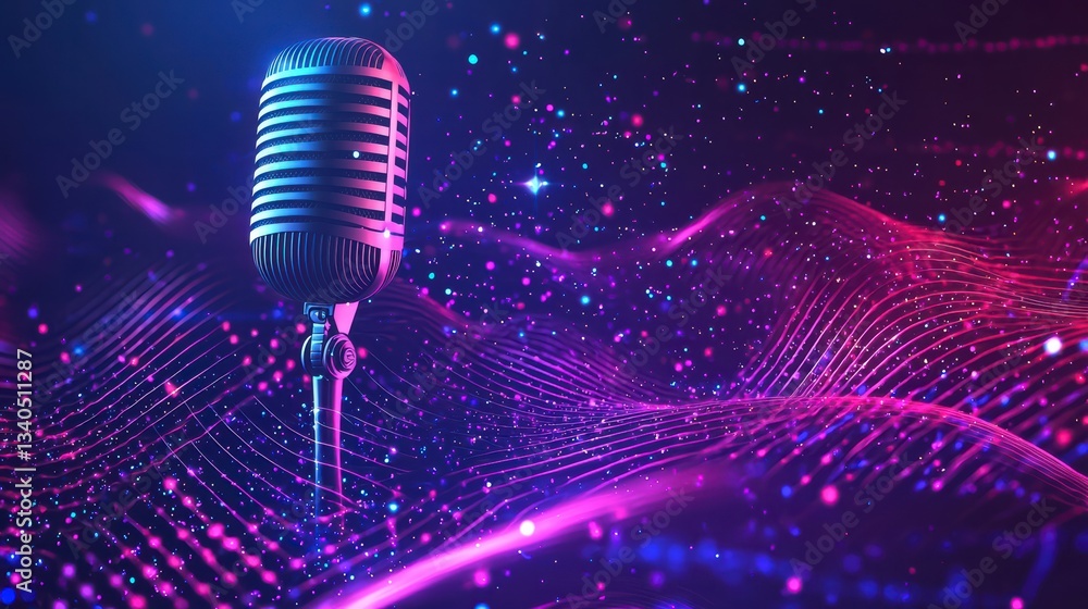 Poster retro microphone in sound waves: capturing a vintage microphone amidst a dynamic wave of light, wher