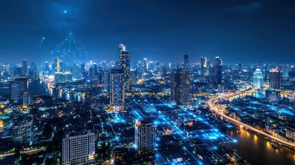 Fototapeta premium Night cityscape aerial view, futuristic glow, technology concept, city lights