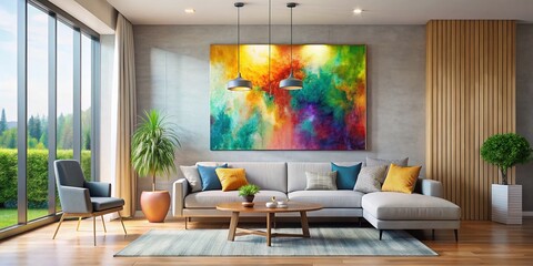 Modern Minimalist Living Room with Colorful Abstract Art & Large Windows - Stock Photo