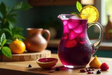Refreshing Pitcher of Iced Berry Beverage with Citrus Garnish and Assorted Fruits