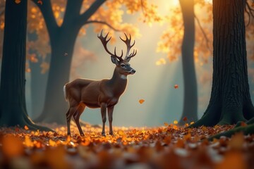 Majestic Buck in Autumnal Woodland, Golden Hour Light Bathes a Solitary Deer Amidst Falling Leaves, Creating a Serene and Picturesque Scene