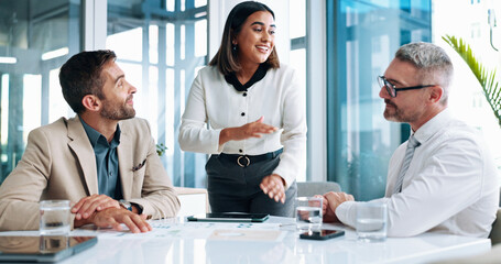 Discussion, budget review or business people in meeting for teamwork, investment profit or paperwork. Manager, documents or financial analyst with economist for feedback, revenue or planning project