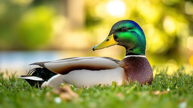 Mallard duck resting on green grass with vibrant colors and peaceful demeanor. - Powered by Adobe