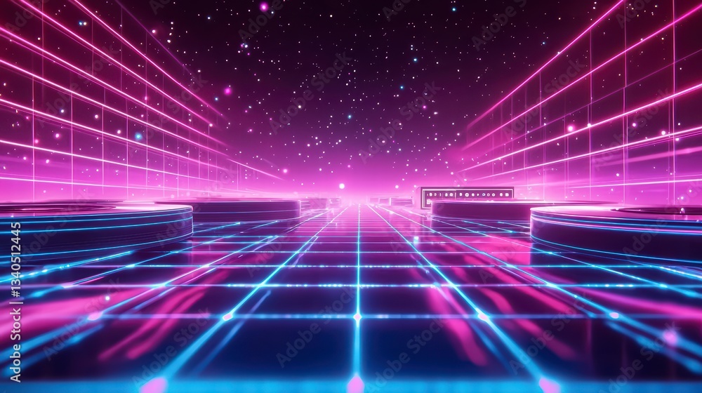Aufkleber neon grid in cyber space: dive into a futuristic landscape, where neon grids converge towards a cent