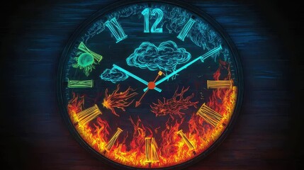 Fototapeta premium Artistic clock design featuring elements of fire and clouds, blending time with imaginative visuals.