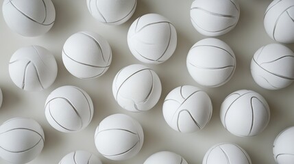 Close-up of white leather volleyballs on indoor wooden court floor, ideal for team sports, athletic training, volleyball practice, and indoor gym equipment concepts