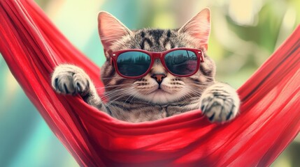 take it easy slogan with cute cat in sunglasses relaxing in red hammock illustration