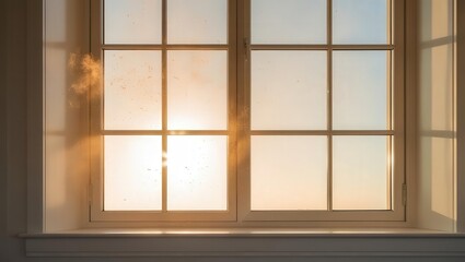 a window that is bathed in the golden light of the rising sun. The panes of the window are neatly arranged and create a sense of order