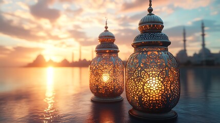 Islamic lanterns at sunset over water, mosque
