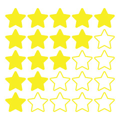Rating star badges for feedback and reviews. Customer satisfaction ranking with five star product ratings in various styles.