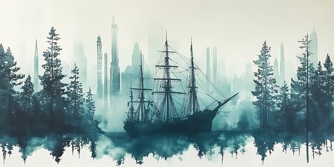 Sailing ship, misty city, forest. Watercolor art