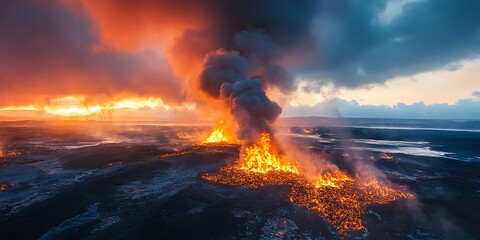 Volcanic eruption sunset fiery landscape