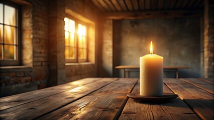 Architectural Photography: Burning Candle on Table - Interior Design, Warm Lighting, Cozy Atmosphere, Home Decor, Still Life