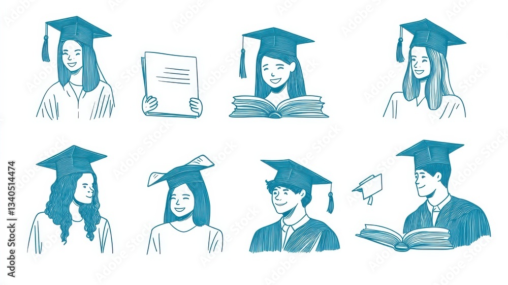 Aufkleber linear vector illustration set of isolated students in learning process. distance web learning, e-le