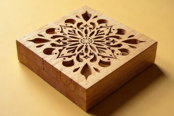 Intricate Wooden Square with Laser Cut Mandala Design, a Decorative Accent Piece for Home Decor