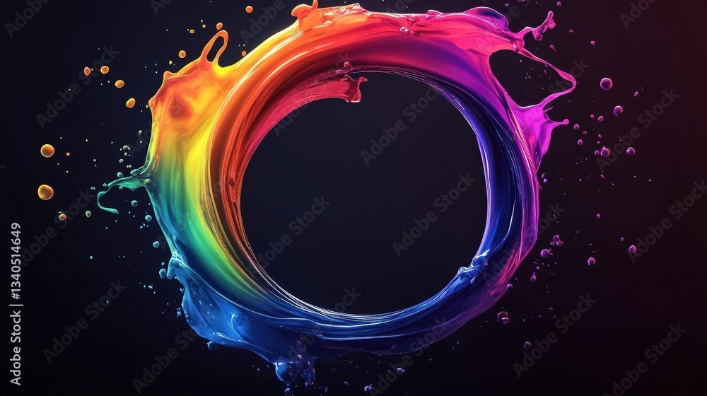 Poster abstract circle liquid motion flow explosion. curved wave colorful pattern with paint drops on black