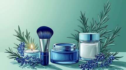 Cosmetic products, brush, cream jars, rosemary, candles; skincare display