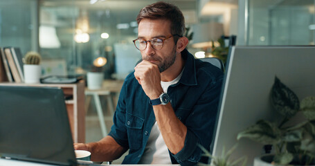 Research, journalism or man on laptop in office for editor feedback, news publication or article...