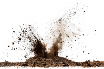 Intense soil eruption with flying dirt and debris creating a dynamic explosive effect isolated on transparent background