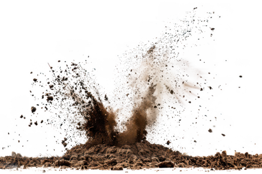 Intense soil eruption with flying dirt and debris creating a dynamic explosive effect isolated on transparent background