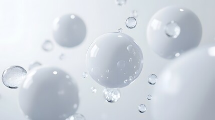 White spheres surrounded by small clear water droplets float