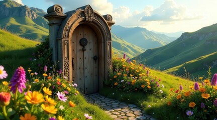 Naklejka premium Enchanted Gateway to Serene Mountain Vista, Adorned with Vibrant Wildflowers and a Stone Pathway