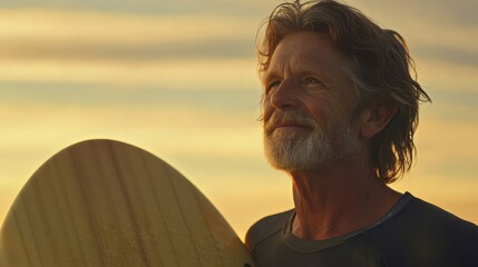 Happy senior surfer holding surf board on the beach at sunset - Focus on face