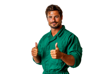 Man in green jumpsuit gives thumbs up isolated on transparent background