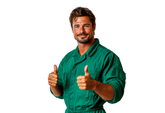 Man in green jumpsuit gives thumbs up isolated on transparent background