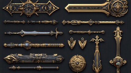 A collection of game buttons, banners, progress bars, arrows, and sliders designed in a medieval style. They have gold frames and a fantasy metal look.