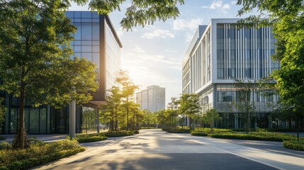 Modern office buildings with trees in city street at sunrise, use for business background